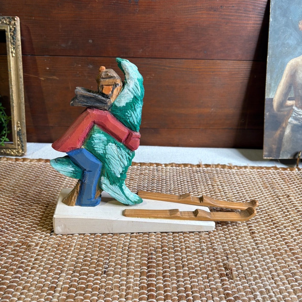 Artist Signed Wood Folk Art WHAT TREE? Skiing Crash Humor Decor Handpainted